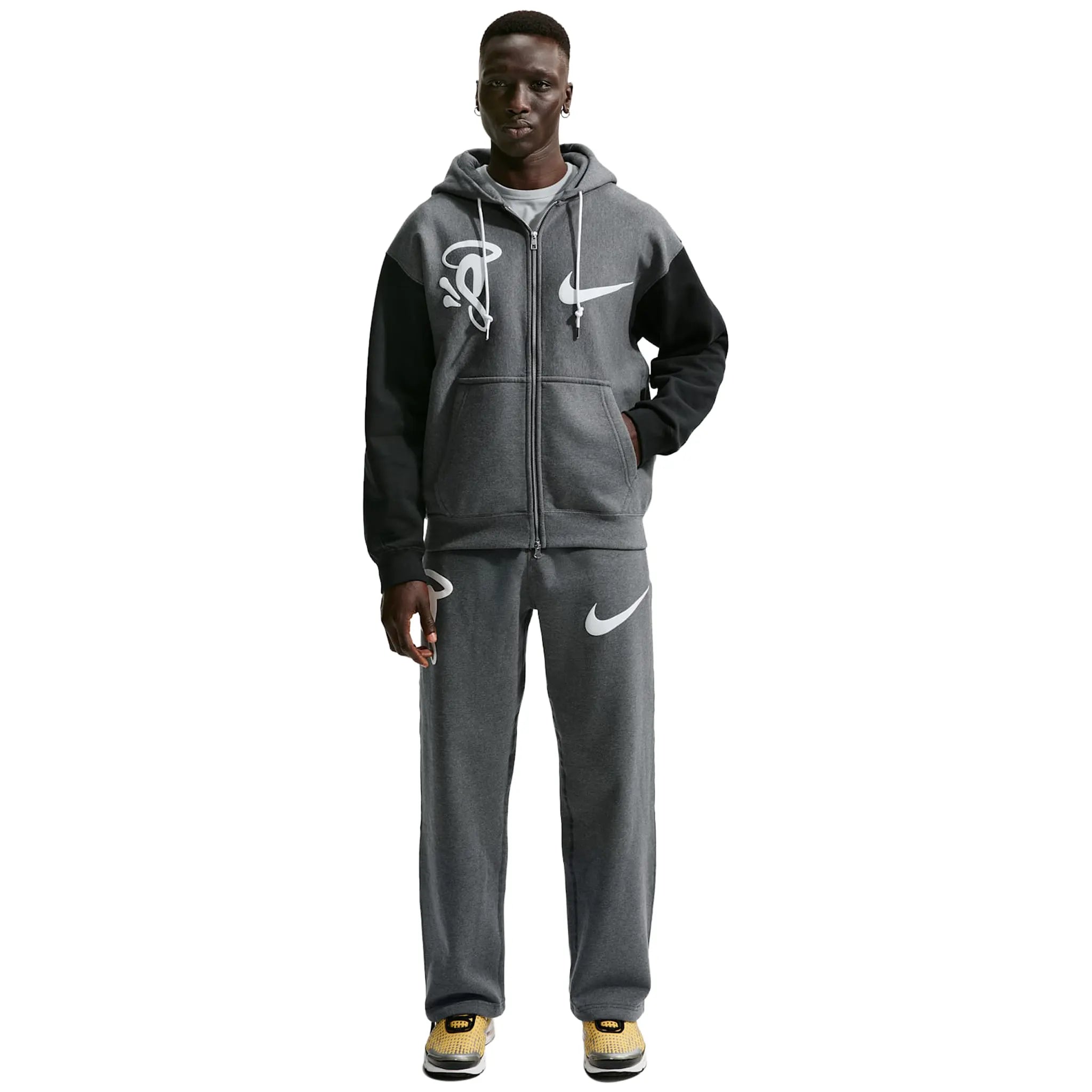 Front View of Nike Solo Swoosh x Syna World x Central Cee Fleece Grey Zip-Up Hoodie IQ0533-063